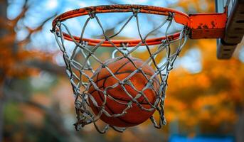 A basketball is hanging from a net. The net is orange and the ball is orange photo