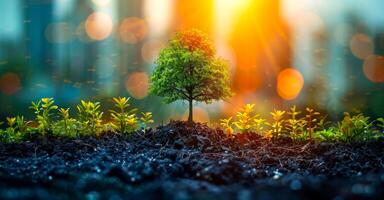 A tree is growing in a field of dirt. The tree is surrounded by other plants and the sky is in the background photo