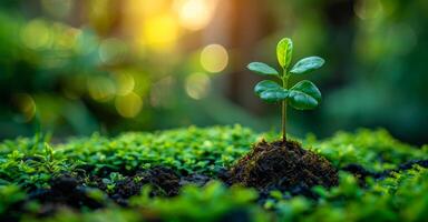 A small plant is growing in the dirt. The plant is surrounded by green grass and is the only thing visible in the image photo