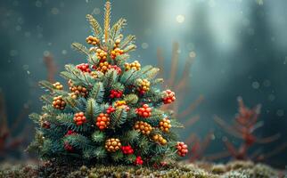 A small Christmas tree with berries on it is sitting on a patch of moss. The tree is surrounded by trees and bushes, creating a peaceful and serene atmosphere photo