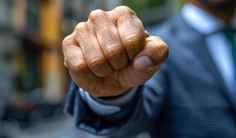 A man in a suit is making a fist. Concept of power and determination photo