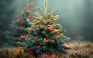 A small evergreen tree with red berries is surrounded by grass. The tree is the focal point of the image, and the grass and berries create a natural and peaceful atmosphere photo