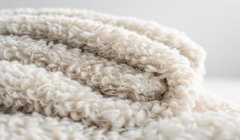 A fluffy white blanket with a lot of texture. The blanket is white and has a lot of texture, making it look cozy and inviting photo