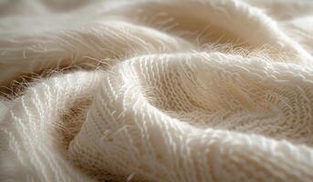 A white knit sweater with a fuzzy texture. The sweater is made of wool and has a soft, cozy feel. Concept of warmth and comfort photo