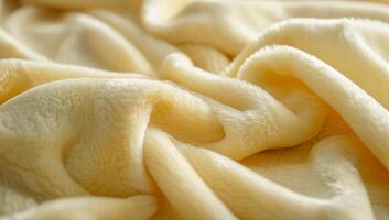 A close up of a yellow blanket with a fuzzy texture. The blanket is soft and inviting, and it seems to be a cozy item for snuggling up on a cold day photo