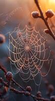 A spider web is shown in a tree with a frosty mist. The web is very intricate and has a lot of detail. The image has a serene and peaceful mood, as the spider web is a natural occurrence photo