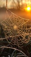 A spider web is shown in the foreground of a photo of a spider web. The web is covered in dew and the sun is setting in the background. The photo has a serene and peaceful mood