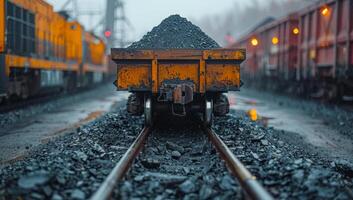 A train with a yellow container on it is parked on the tracks. The train is surrounded by other trains, and the tracks are covered in rocks. Scene is somber and industrial, with the focus on the train photo
