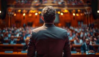A man stands in front of a crowd of people, giving a speech. The audience is attentive and engaged, with many people looking at the speaker. The atmosphere is serious and focused photo