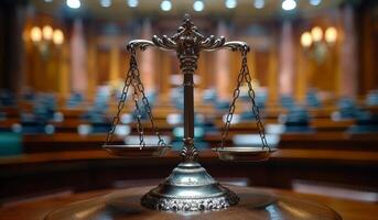 A scale is sitting on a table in a courtroom. The scale is made of metal and has a chain hanging from it. The courtroom is filled with chairs and a bench photo