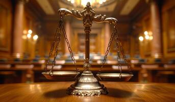 A scale with a gold handle sits on a wooden table. The scale is balanced, with one side slightly higher than the other. The scene is set in a courtroom, with a large audience looking on photo