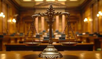 A scale is on a table in front of a courtroom. The scale is gold and has a chain hanging from it. The courtroom is filled with people, and the atmosphere is tense photo