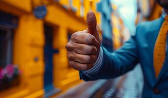 A man in a suit is giving a thumbs up gesture. The image has a bright and cheerful mood, with the man's outfit and the yellow background adding to the positive atmosphere photo