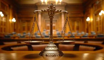 A scale is on a table in a courtroom. The scale is balanced, and the room is dimly lit photo