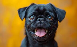 A black Pug dog is smiling and has its tongue out. The dog is looking at the camera and he is happy photo