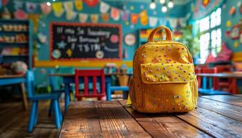 A yellow backpack with a lot of sparkles on it sits on a wooden table in a classroom photo