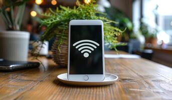 A phone with wifi written on it is sitting on a wooden table. The table is surrounded by potted plants and other items, giving the scene a cozy and relaxed atmosphere photo
