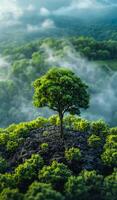 A tree is growing on a hillside in a forest. The tree is surrounded by other trees and is the only one visible in the image. The sky is cloudy, and the atmosphere is peaceful and serene photo