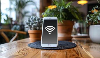 A phone is sitting on a table with a wifi symbol on it. The table is surrounded by potted plants, creating a cozy and inviting atmosphere photo