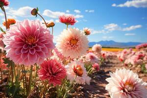 Spring landscape of a field of blooming dahlias photo