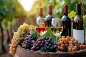 Romantic sunset with wine and grapes, with gardens and vineyards on the background photo
