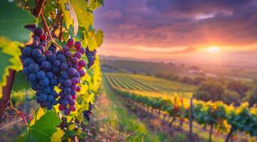 Bright ripe dark grape on a branch overlooking a sunset landscape with vineyards photo