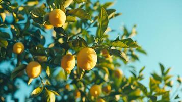 Bright ripe lemons on the tree on the blue sky background photo