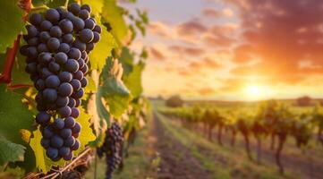 Bright ripe dark grape on a branch overlooking a sunset landscape with vineyards photo