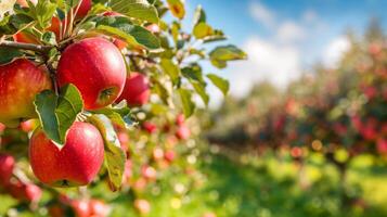 Bright red ripe apples on a tree branch in a summer garden photo