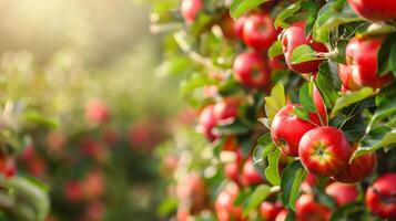 Bright red ripe apples on a tree branch in a summer garden photo