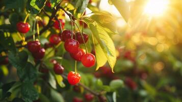 Bright red ripe cherries on a tree branch in a summer cherry garden photo