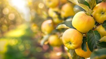 Bright yellow ripe apples on a tree branch in a summer garden photo