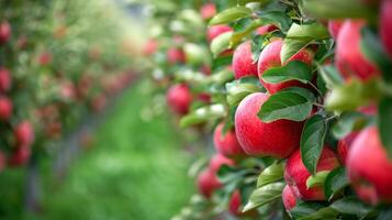 Bright red ripe apples on a tree branch in a summer garden photo