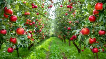 Bright red ripe apples on a tree branch in a summer garden photo