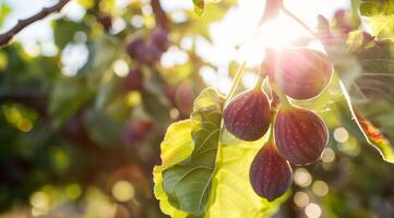 Ripe juicy fig fruits on the tree photo