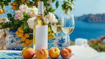 White wine in glass bottke with blank label, fruits and flowers on the background of the Mediterranean landscape photo