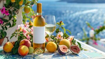 White wine in glass bottke with blank label, fruits and flowers on the background of the Mediterranean landscape photo