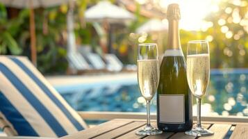 Sparkling wine in glasses and bottle with golden blank mock-up frame against the backdrop of the pool photo