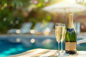 Sparkling wine in glasses and bottle with golden blank mock-up frame against the backdrop of the pool photo