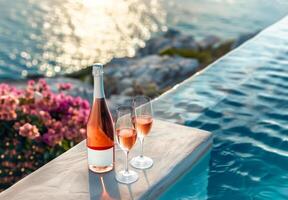 Sparkling wine in glasses and bottle against the backdrop of the pool and lounge area on the seashore photo