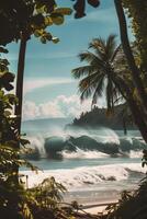 Close-up image of powerful high ocean waves on the background of a tropical island with palm trees and exotic plants photo