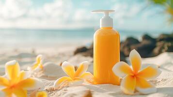 Sunscreen in a orange bottle with white dispenser on a sandy beach with a blue ocean backdrop and frangipani flower decoration photo