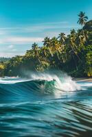 Close-up image of powerful high ocean waves on the background of a tropical island with palm trees and exotic plants photo