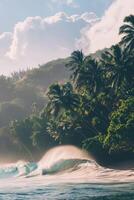 Close-up image of powerful high ocean waves on the background of a tropical island with palm trees and exotic plants photo
