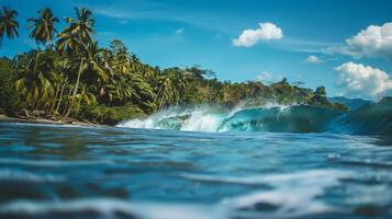 Close-up image of powerful high ocean waves on the background of a tropical island with palm trees and exotic plants photo
