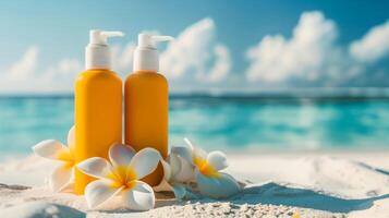 Sunscreen in orange bottles with white dispensers on a sandy beach with a blue ocean backdrop and frangipani flower decoration photo