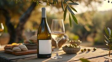 A bottle of white wine with a blank mock-up label and in a glass on an outdoor table under an olive tree in the sunset light photo