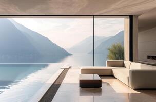 Spacious pool area with panoramic windows with mountain and lake views photo