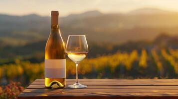 White wine in a bottle with a blank mock-up label and in a glass on a wooden table outdoors overlooking the vineyards at sunset photo