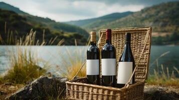 Bottles of wine with blank mock-up labels in a wicker basket for a lakeside picnic photo